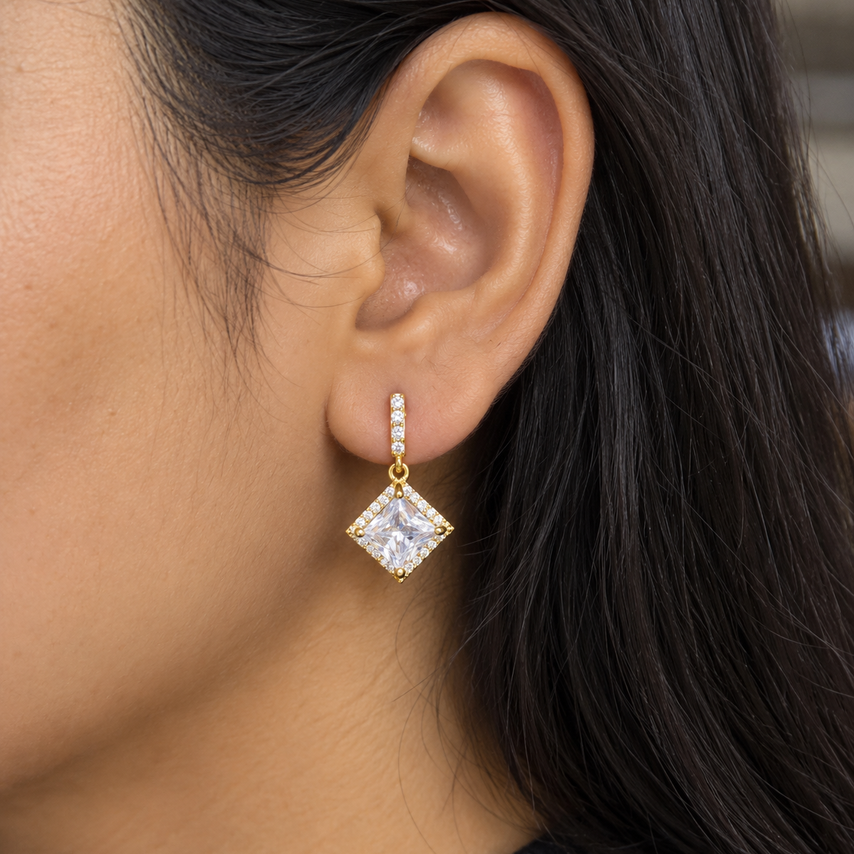 Celine Square CZ Halo Drop Earrings