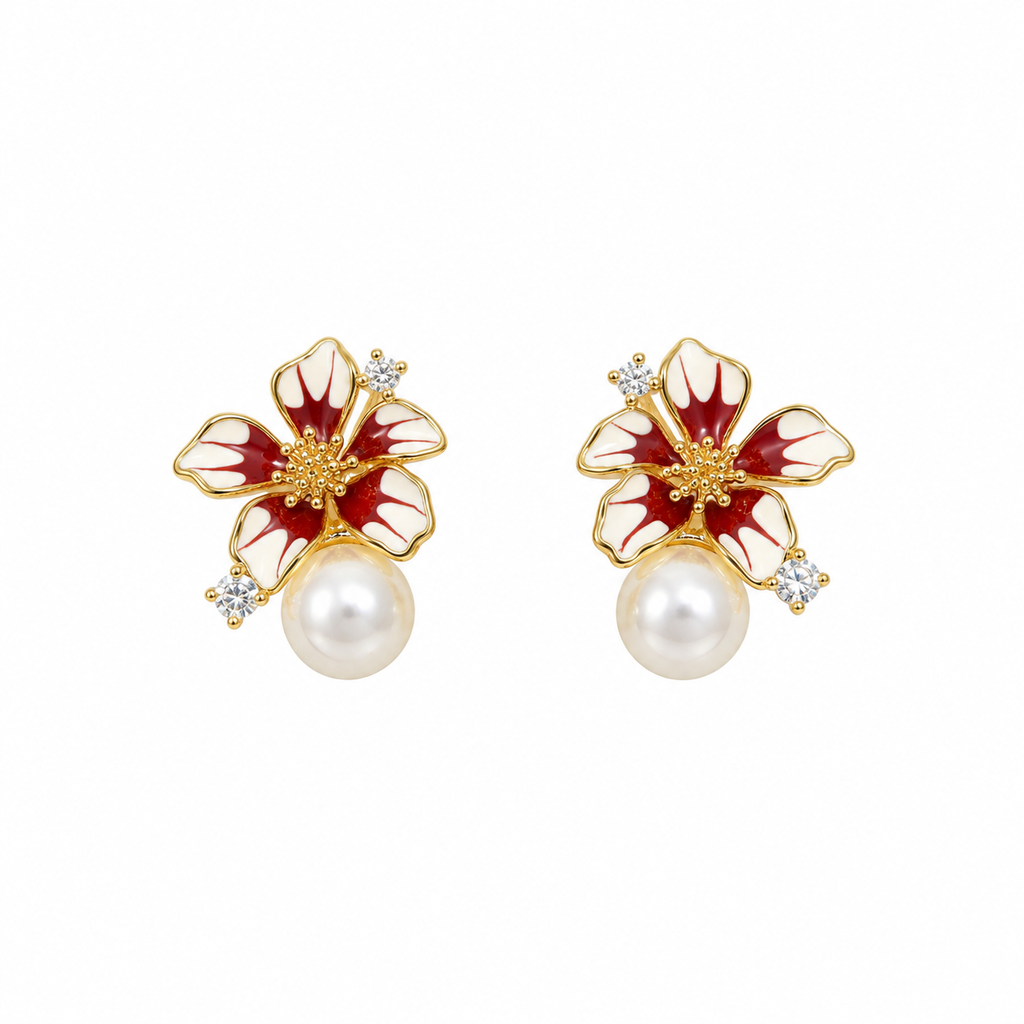 Isla Red White Floral Pearl Drop Earrings