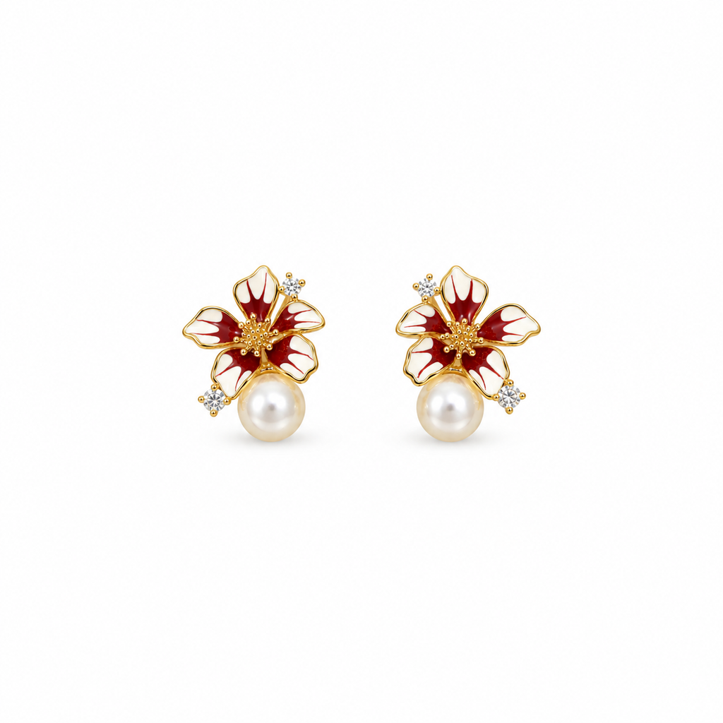 Isla Red White Floral Pearl Drop Earrings
