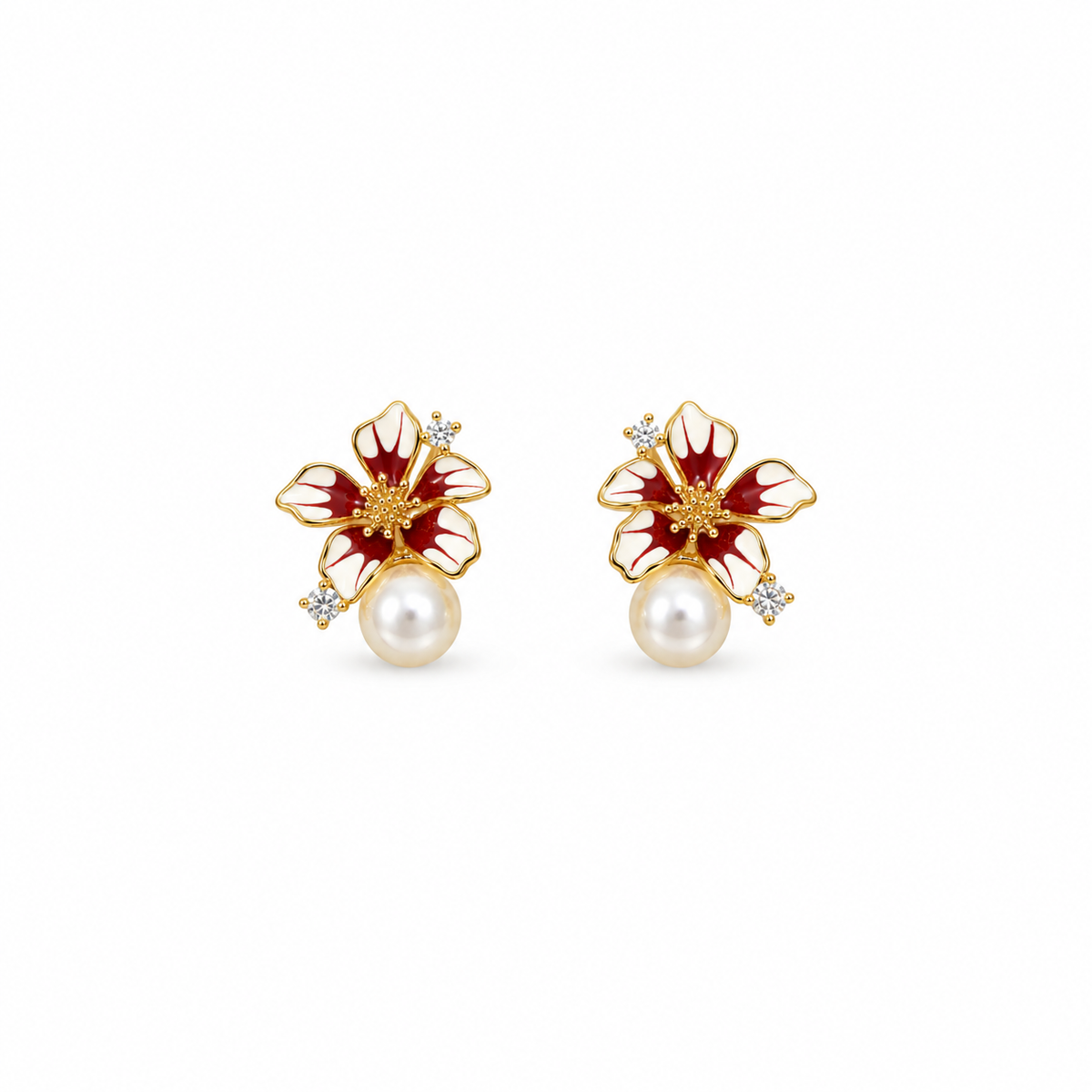Isla Red White Floral Pearl Drop Earrings