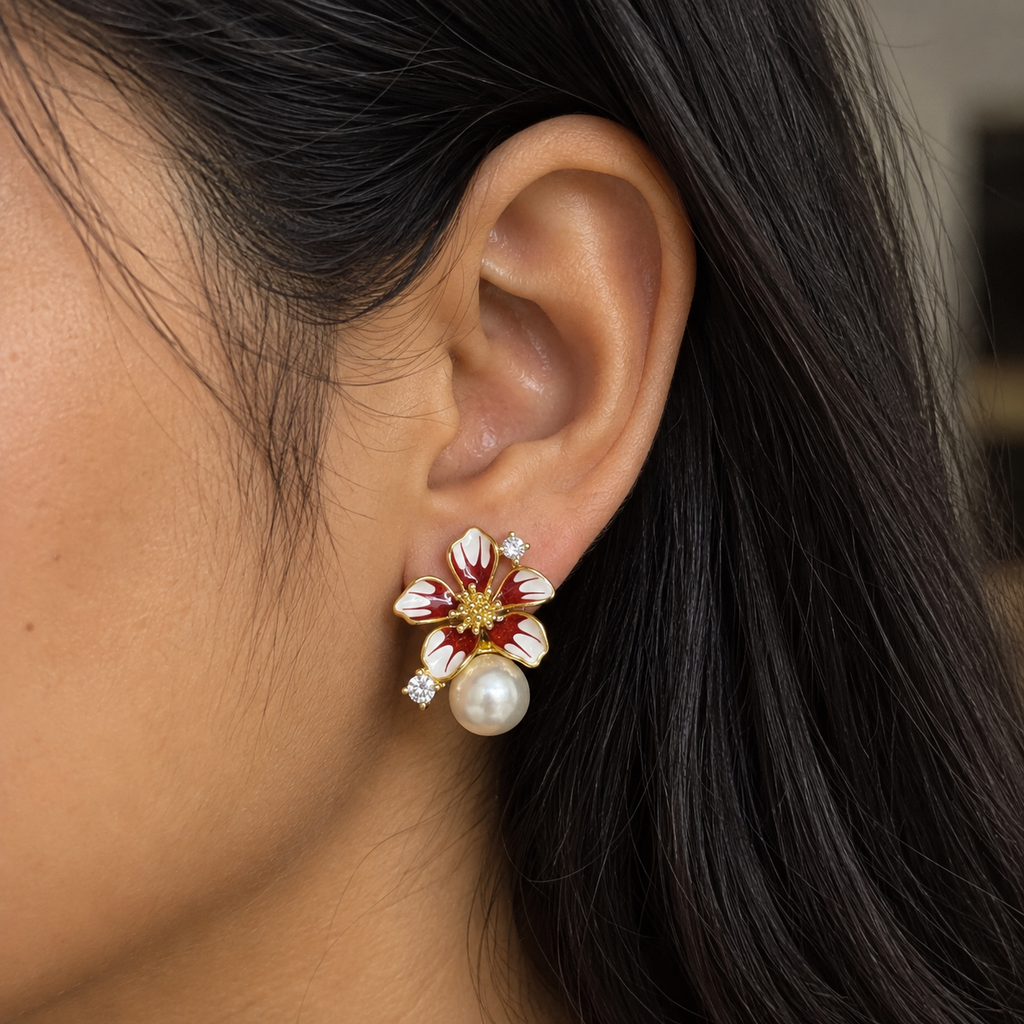 Isla Red White Floral Pearl Drop Earrings