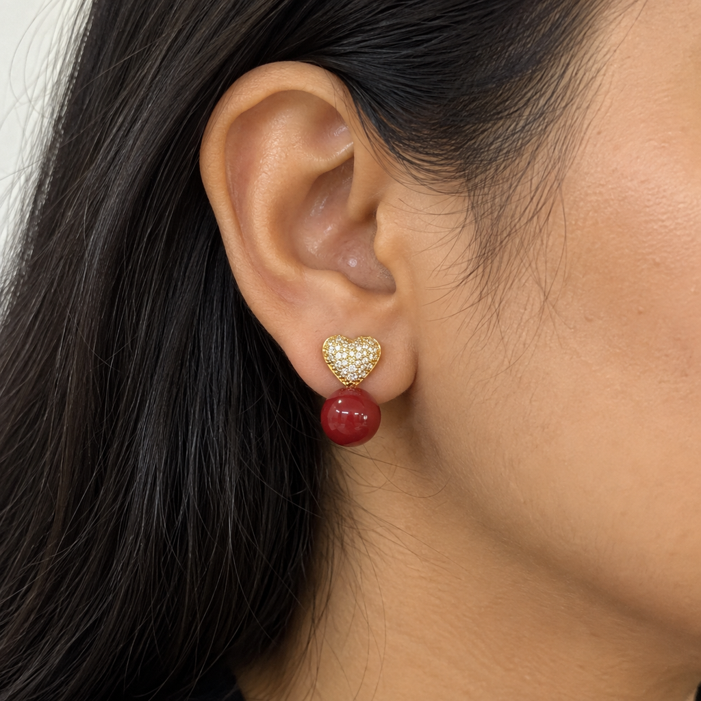 Aurelia Heart CZ Red Ball Drop Earrings