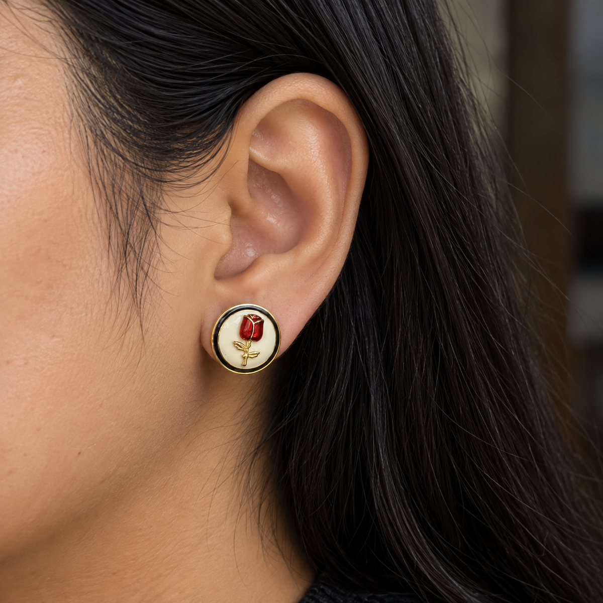 Rhea Black Rose Enamel Stud Earrings