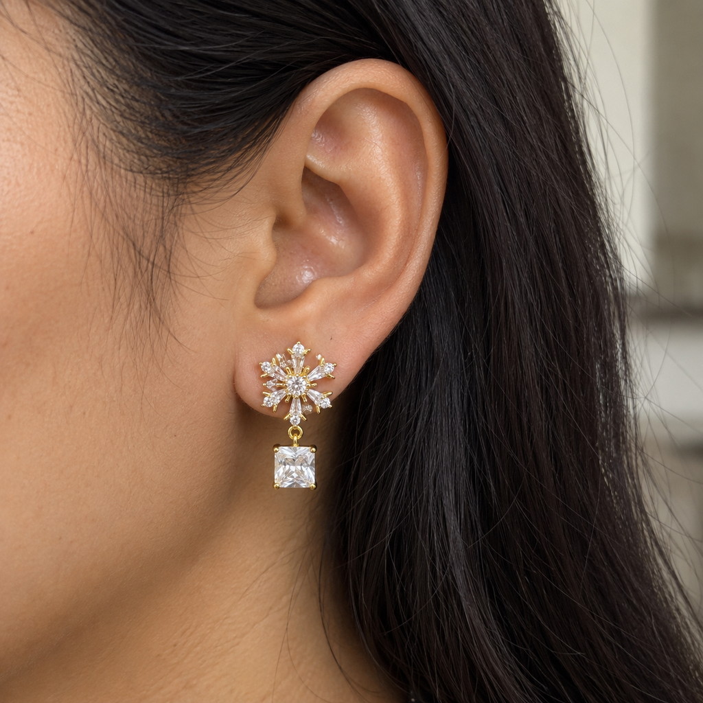 Celeste CZ Snowflake Square Drop Earrings