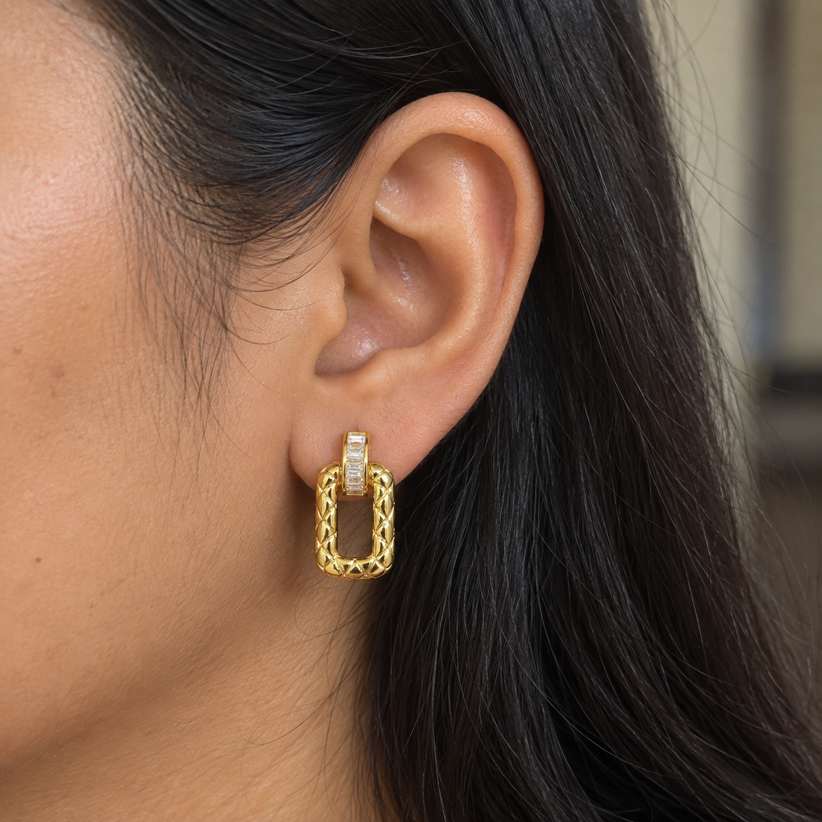 Amara Gold Textured Rectangle CZ Earrings
