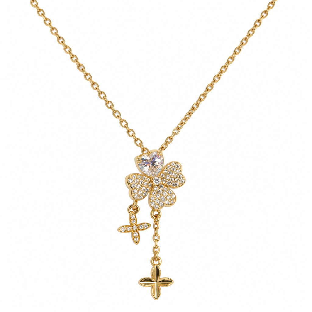 Serena Double Flower CZ Drop Pendant Necklace