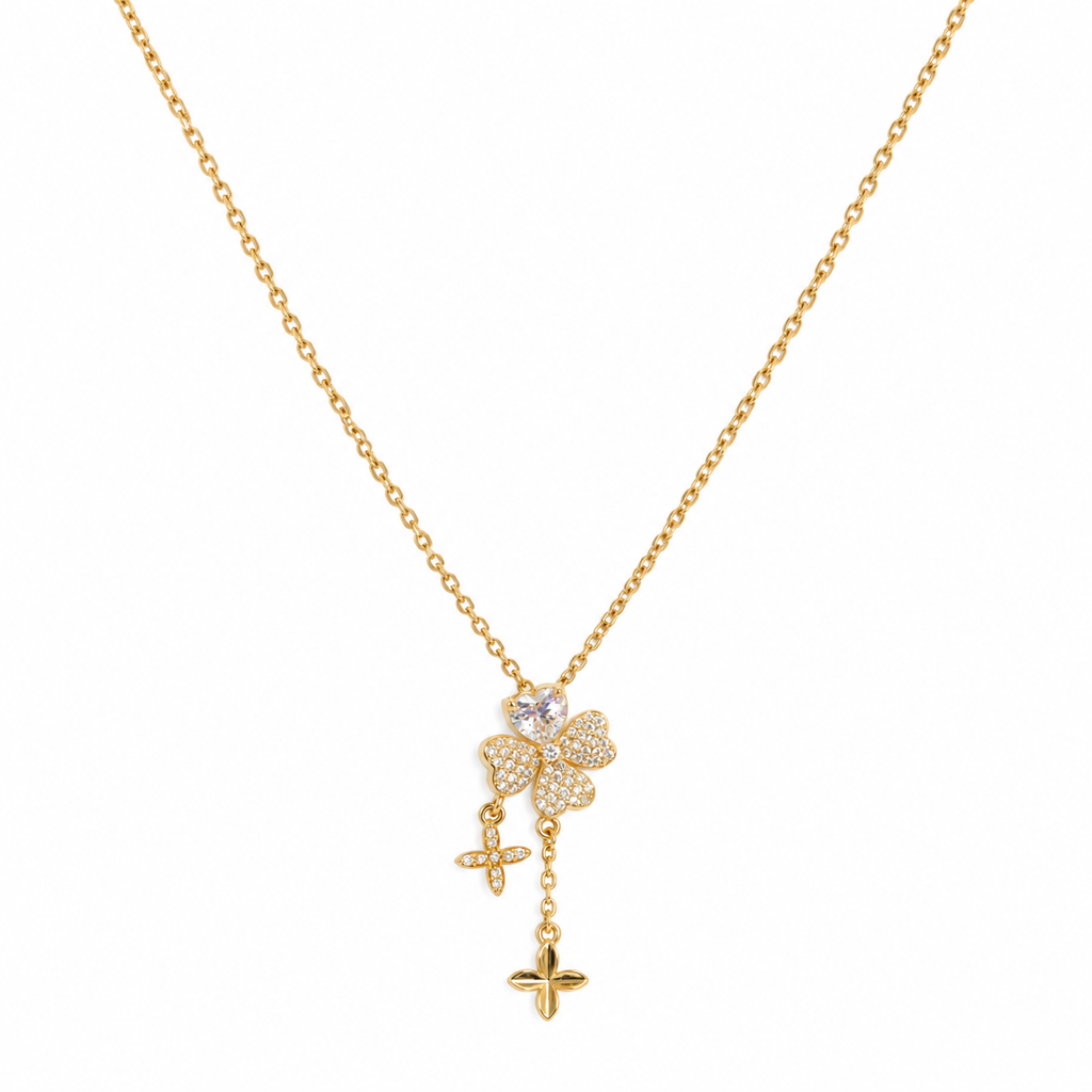 Serena Double Flower CZ Drop Pendant Necklace