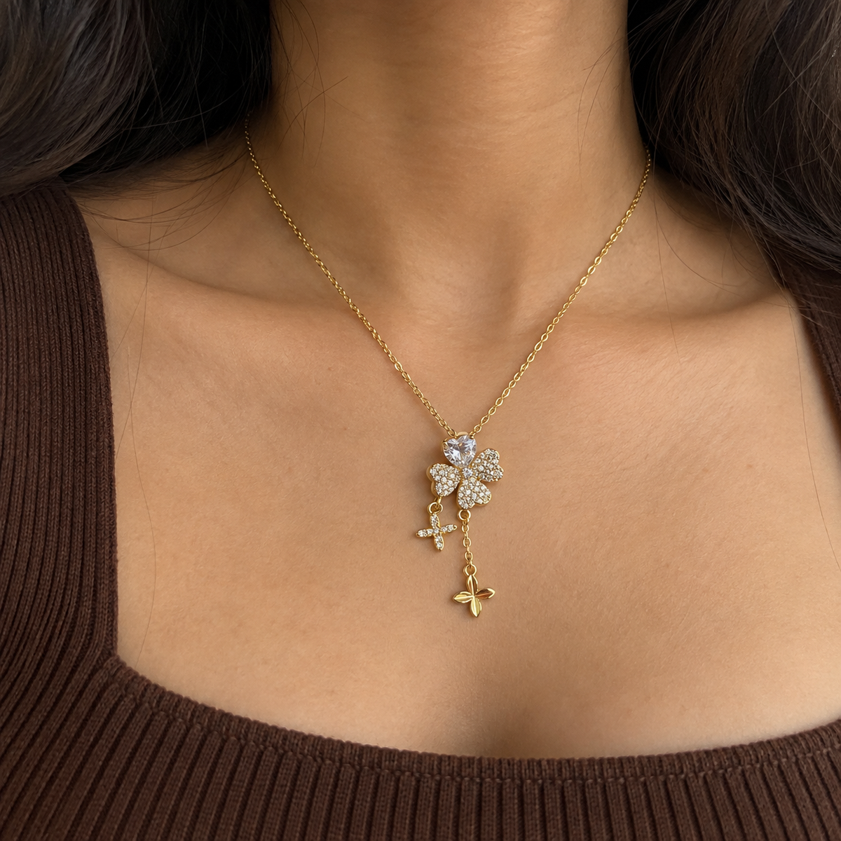 Serena Double Flower CZ Drop Pendant Necklace