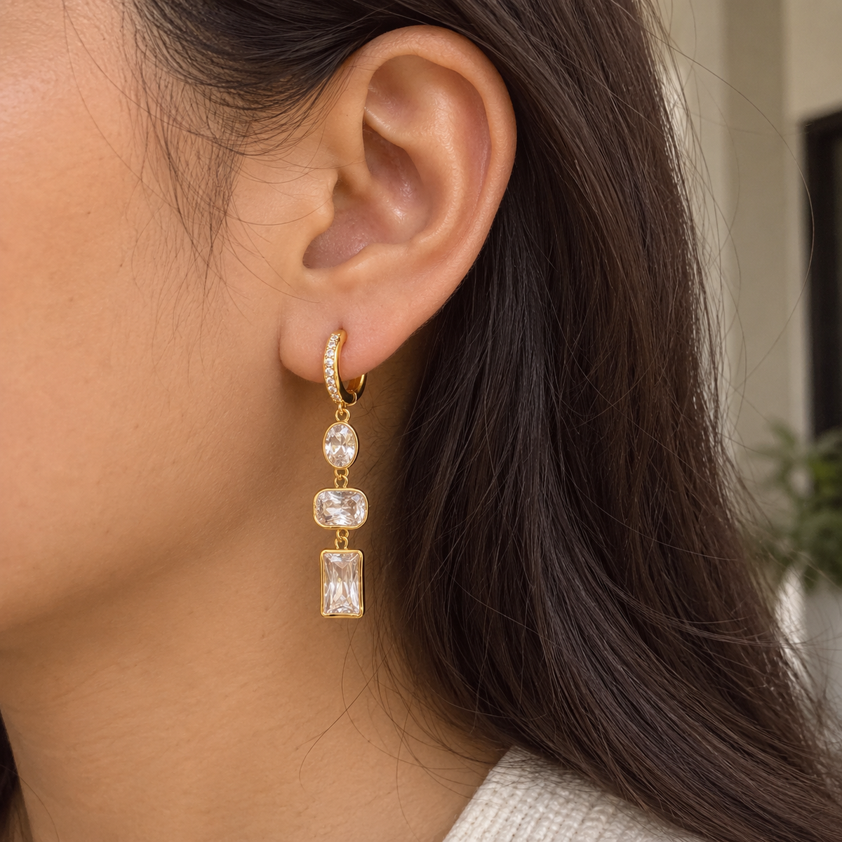 Lila White Gemstone Drop Hoop Earrings