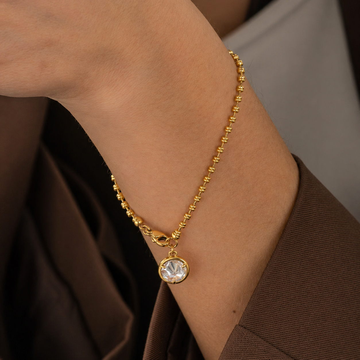 Vanya Gold Beaded Chain Bracelet with CZ Charm