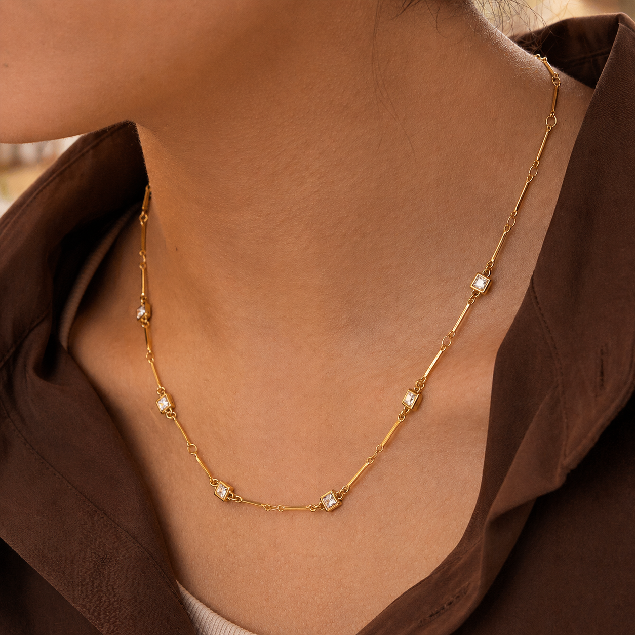 Elowen Gold Link Necklace with Square CZ Stones