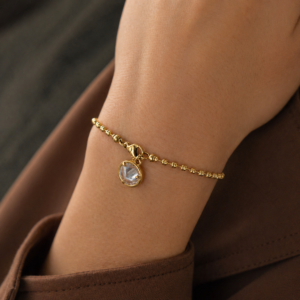 Vanya Gold Beaded Chain Bracelet with CZ Charm