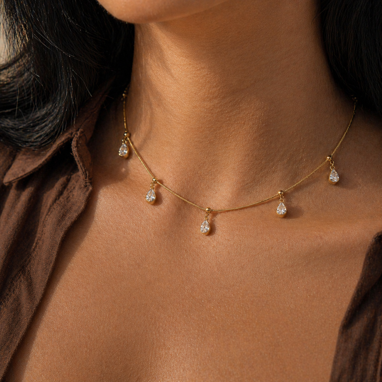Mala Gold Teardrop CZ Station Necklace