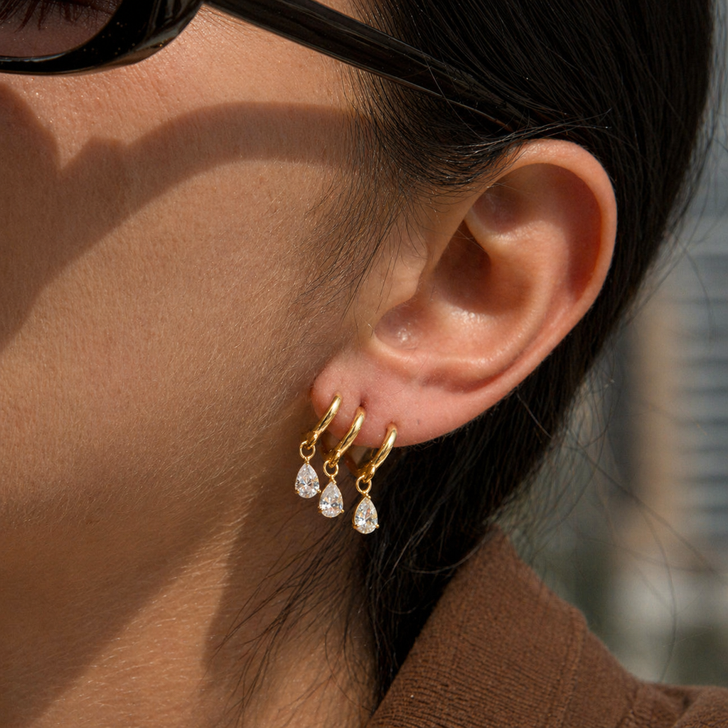 Aarohi Gold Hoop Earrings with Triple Teardrop CZ Charms