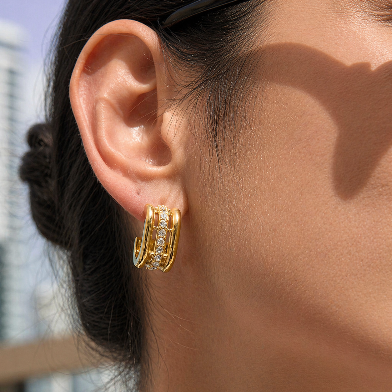 Sara Double Hoop Gold Earrings with CZ Line