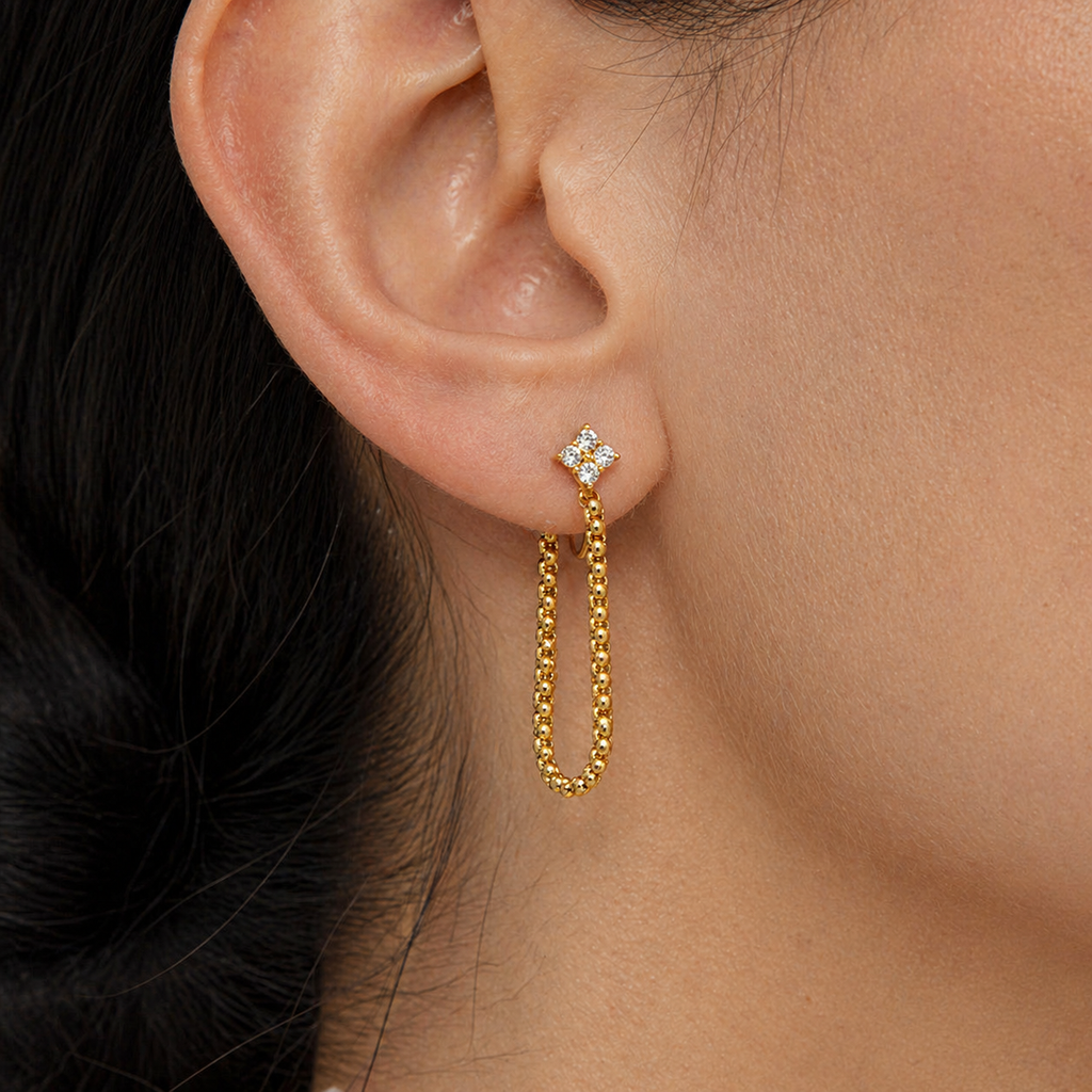 Tari Gold Chain Loop Earrings with CZ Stud