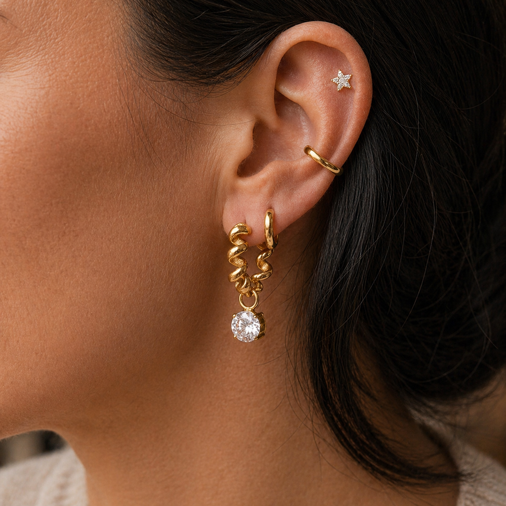 Veie Twisted Gold Hoop Earrings with CZ Drop