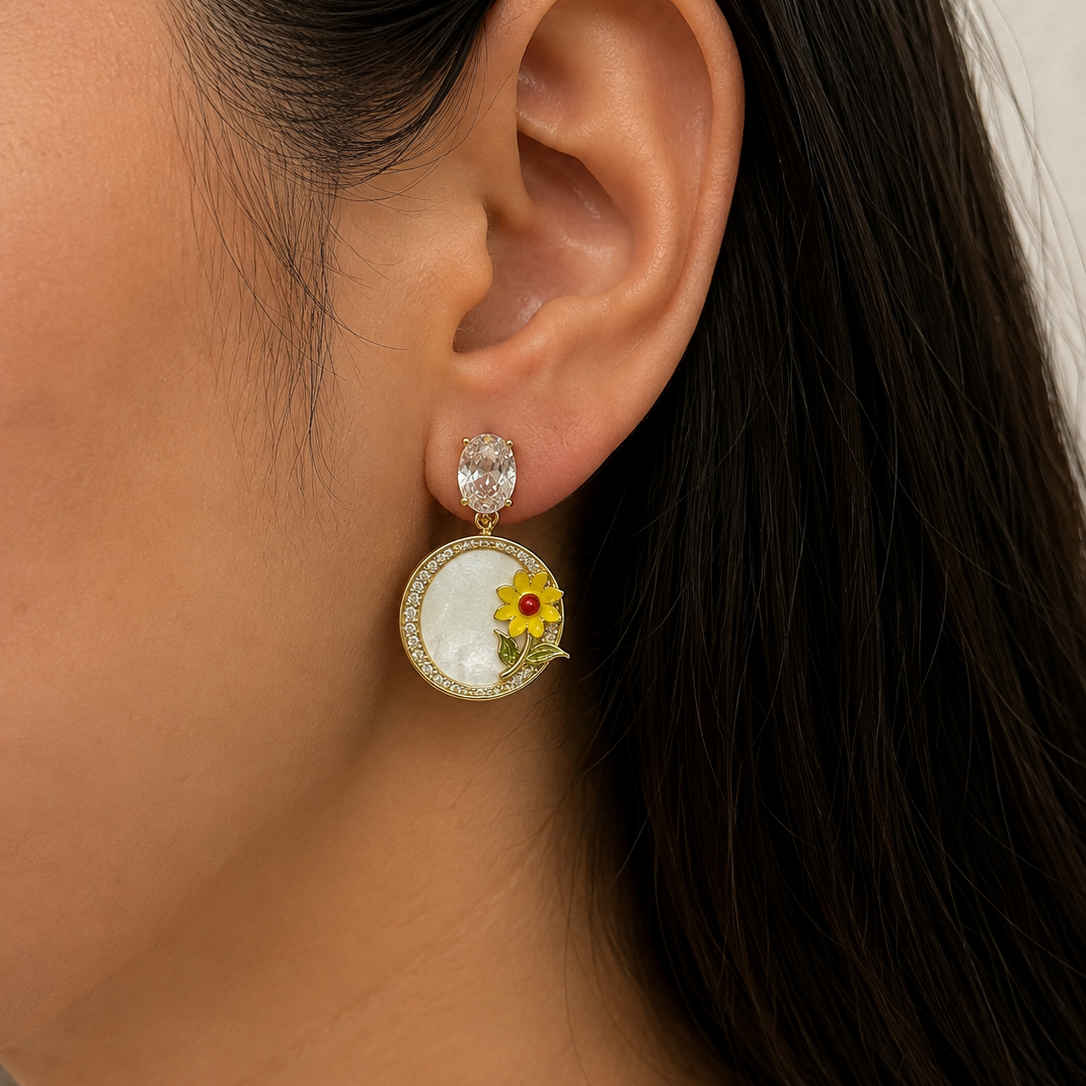 Daisy Sunflower Pearl Drop Earrings