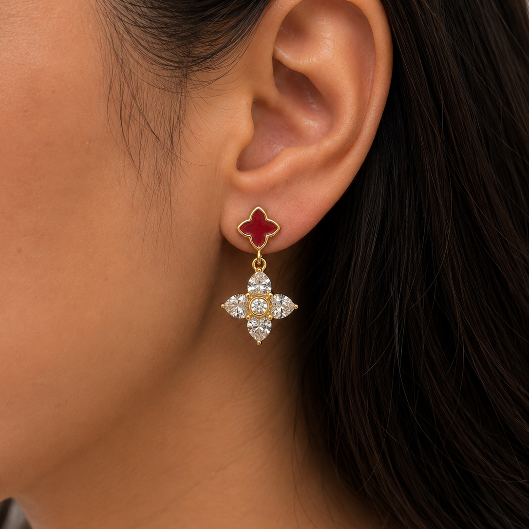 Scarlett Red Floral Crystal Drop Earrings