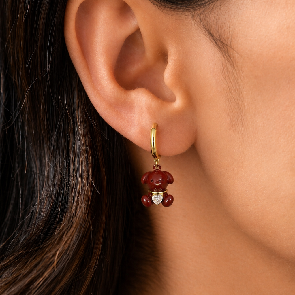 Teddy Ruby Bear Hoop Earrings