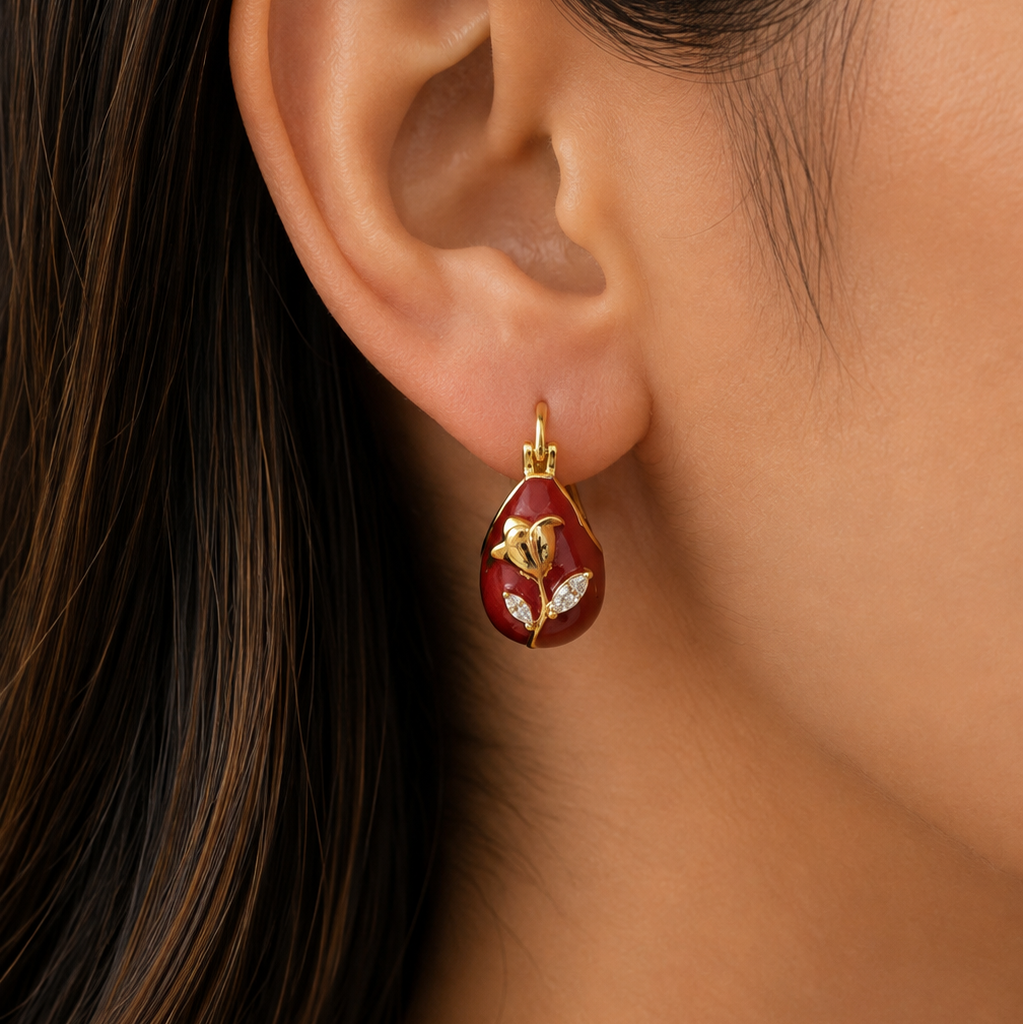 Mira Red Rose Enamel Huggie Earrings