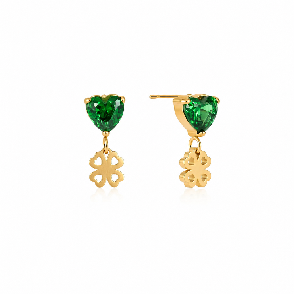 Isla Gold Green Heart Clover Drop Earrings