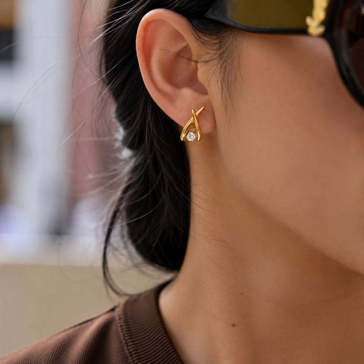 Freya Gold Crossed CZ Earrings