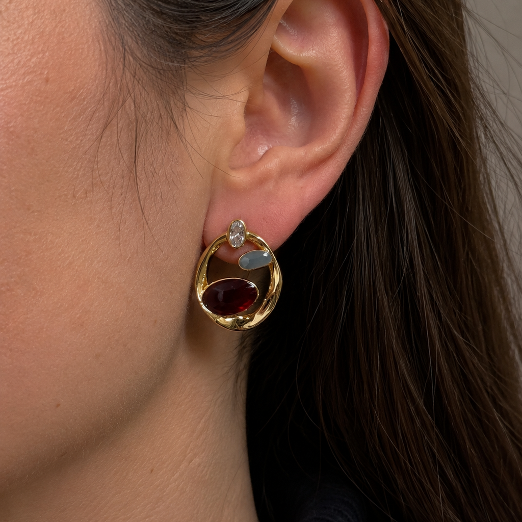 Vyrel Ruby Grey Stone Abstract Hoop Earrings