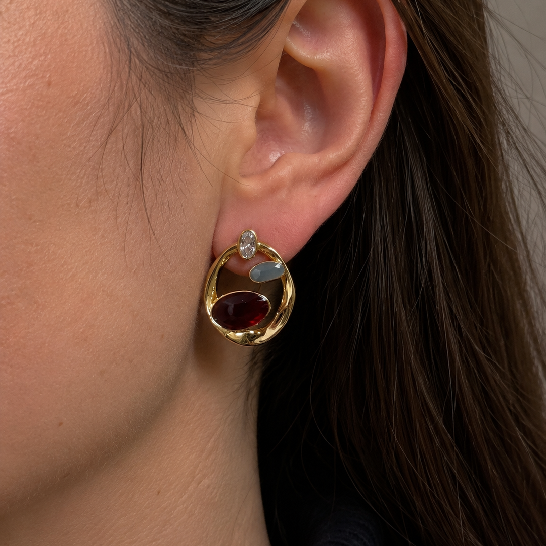 Vyrel Ruby Grey Stone Abstract Hoop Earrings