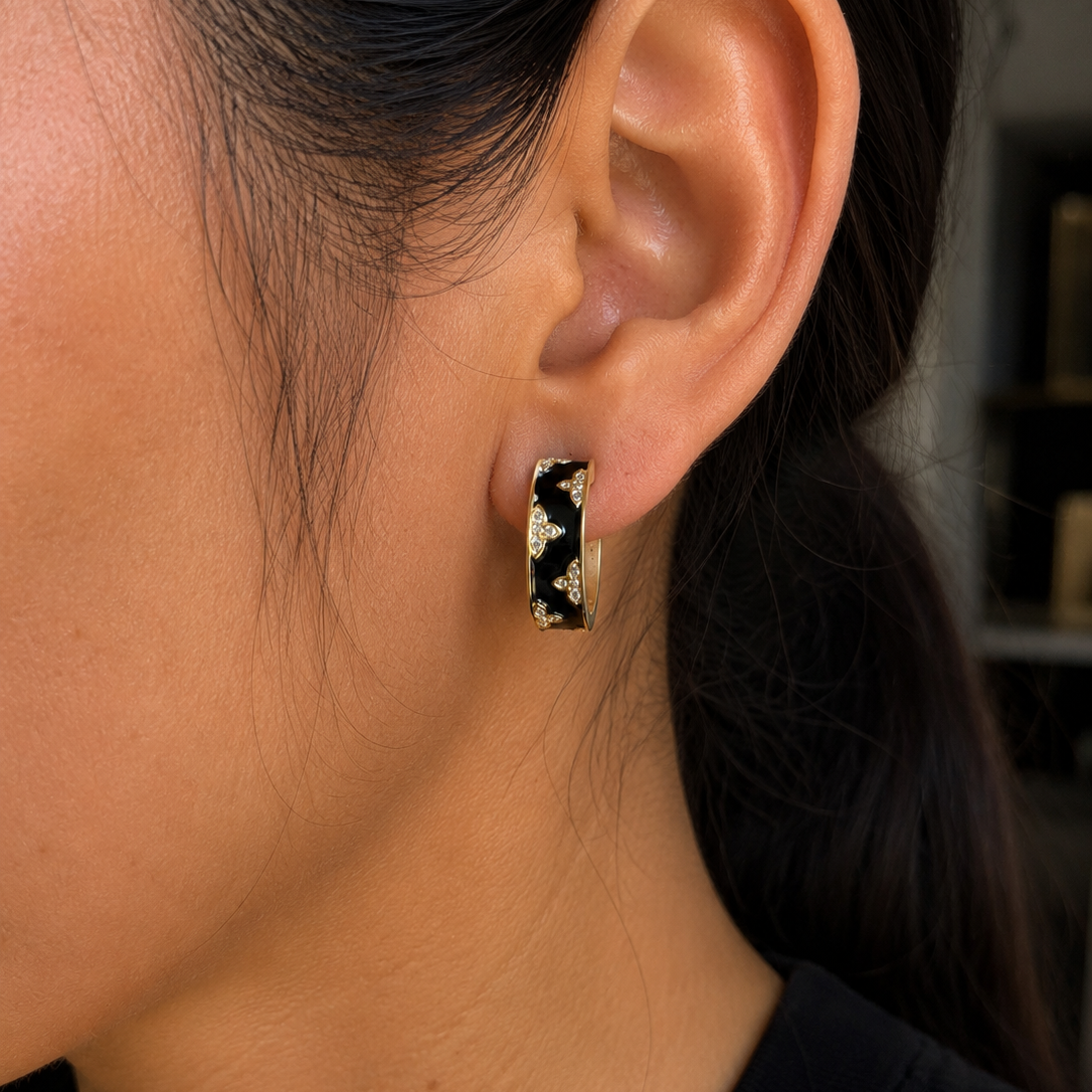 Violette Black Enamel Butterfly Hoop Earrings