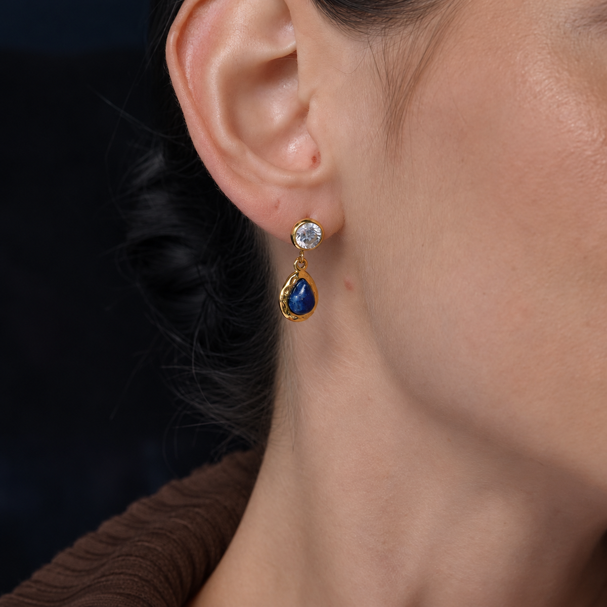 Sapphire 18K PVD Gold and Blue Lapis Teardrop Earrings