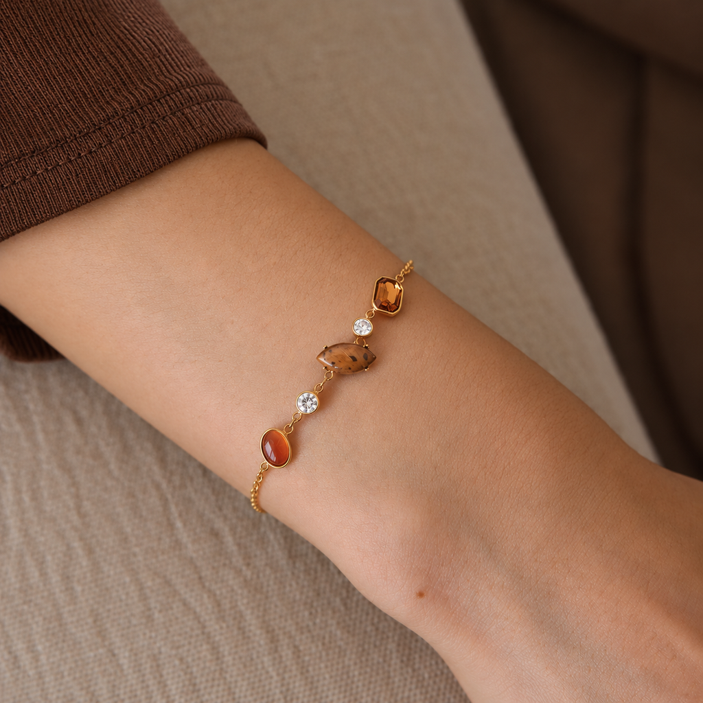 Maya 18K Gold Plated Brown and Amber Gemstone Bracelet