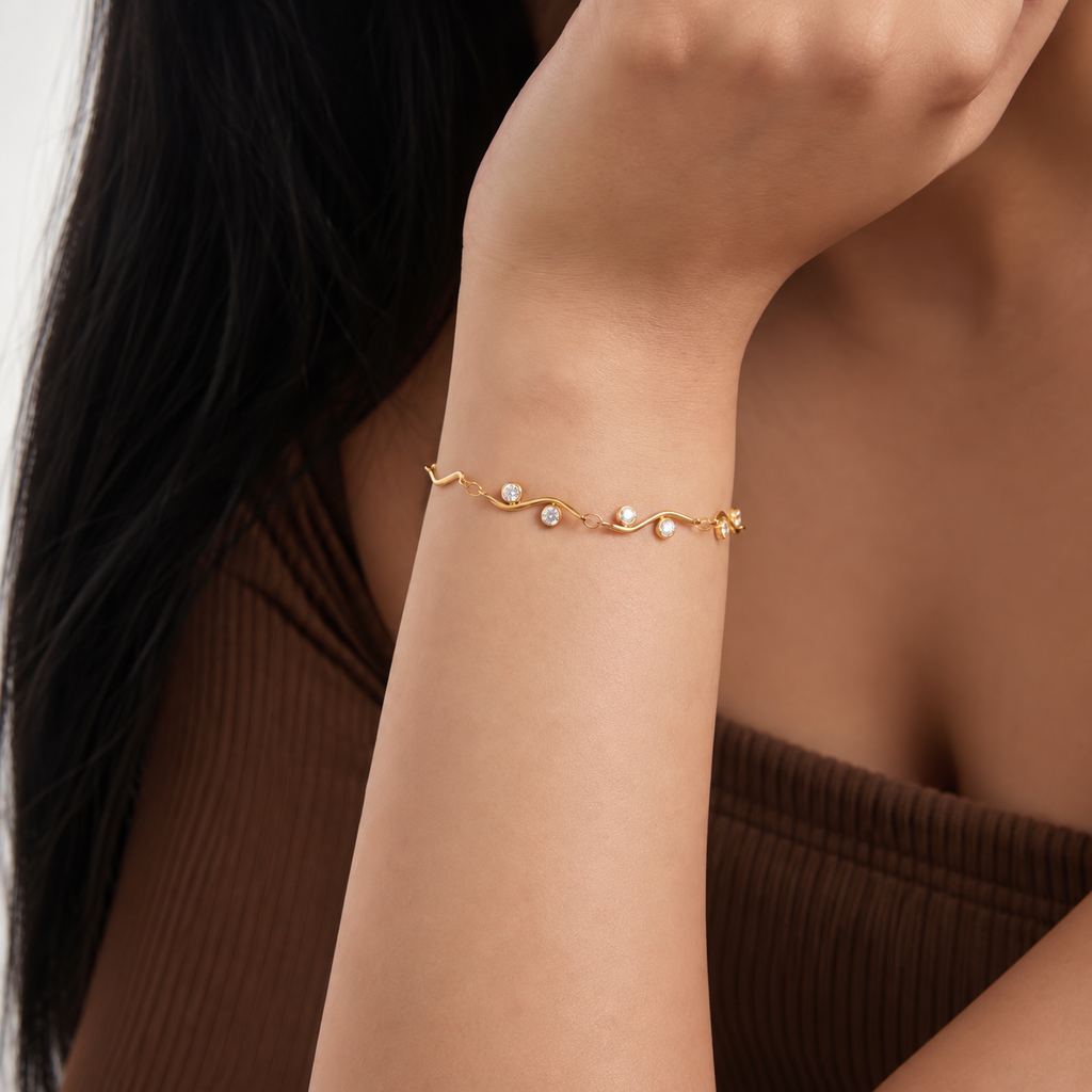 Myra 18K PVD Gold Plated Wavy CZ Station Bracelet