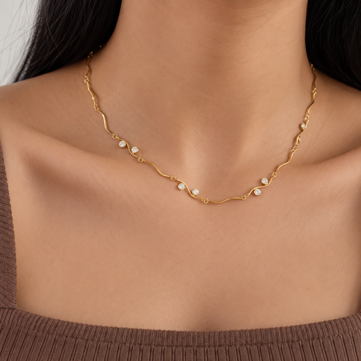 Anaya 18K PVD Gold Plated Wavy CZ Station Necklace