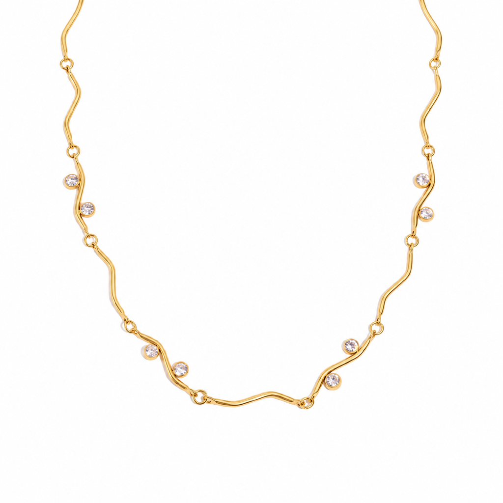 Anaya 18K PVD Gold Plated Wavy CZ Station Necklace