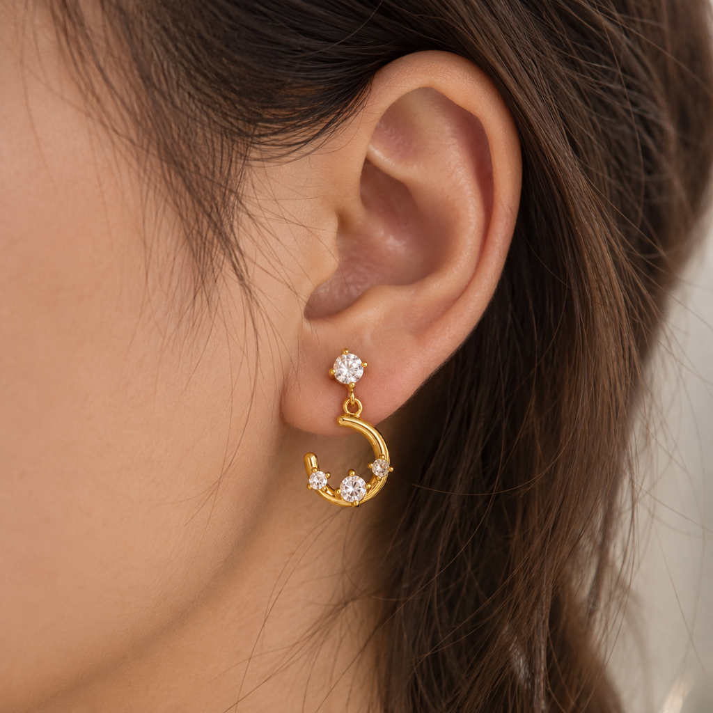 Luna 18K PVD Gold Crescent Moon CZ Drop Earrings