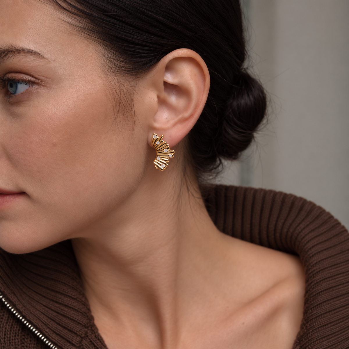 Aurelia 18K PVD Gold Sculpted Ruffle CZ Stud Earrings