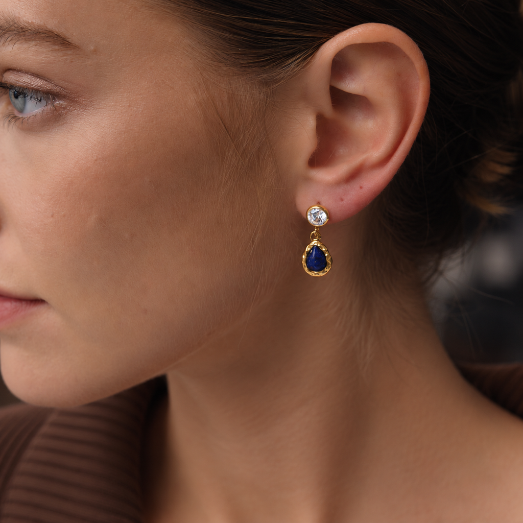 Sapphire 18K PVD Gold and Blue Lapis Teardrop Earrings