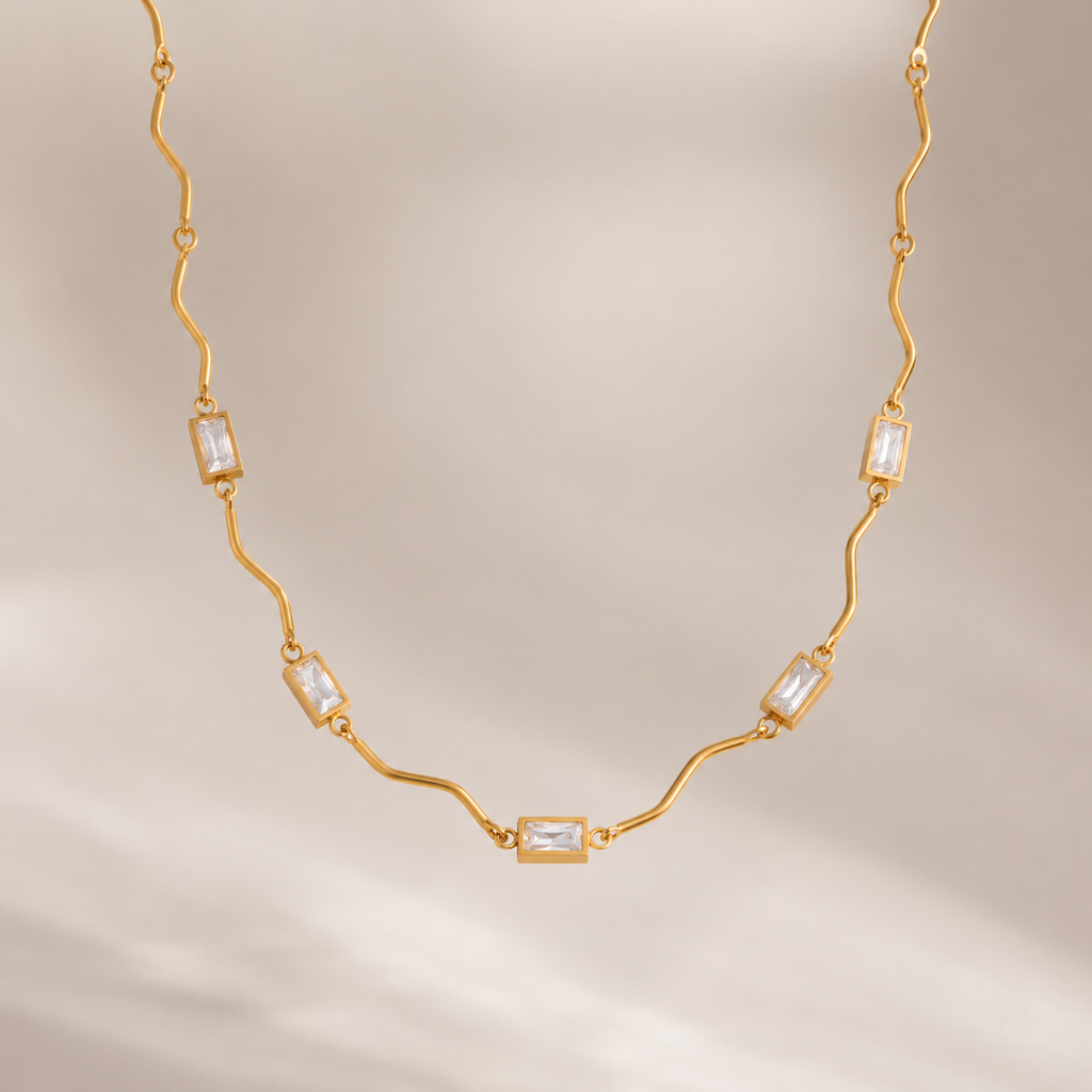 Sienna 18K PVD Gold Plated Wavy Baguette CZ Necklace