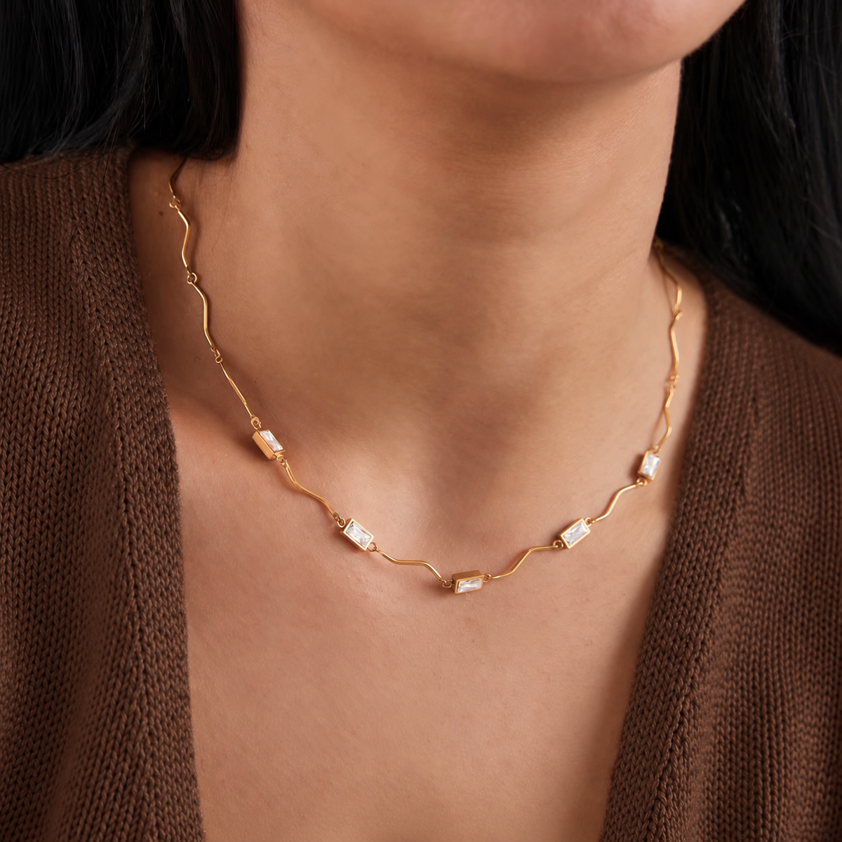 Sienna 18K PVD Gold Plated Wavy Baguette CZ Necklace