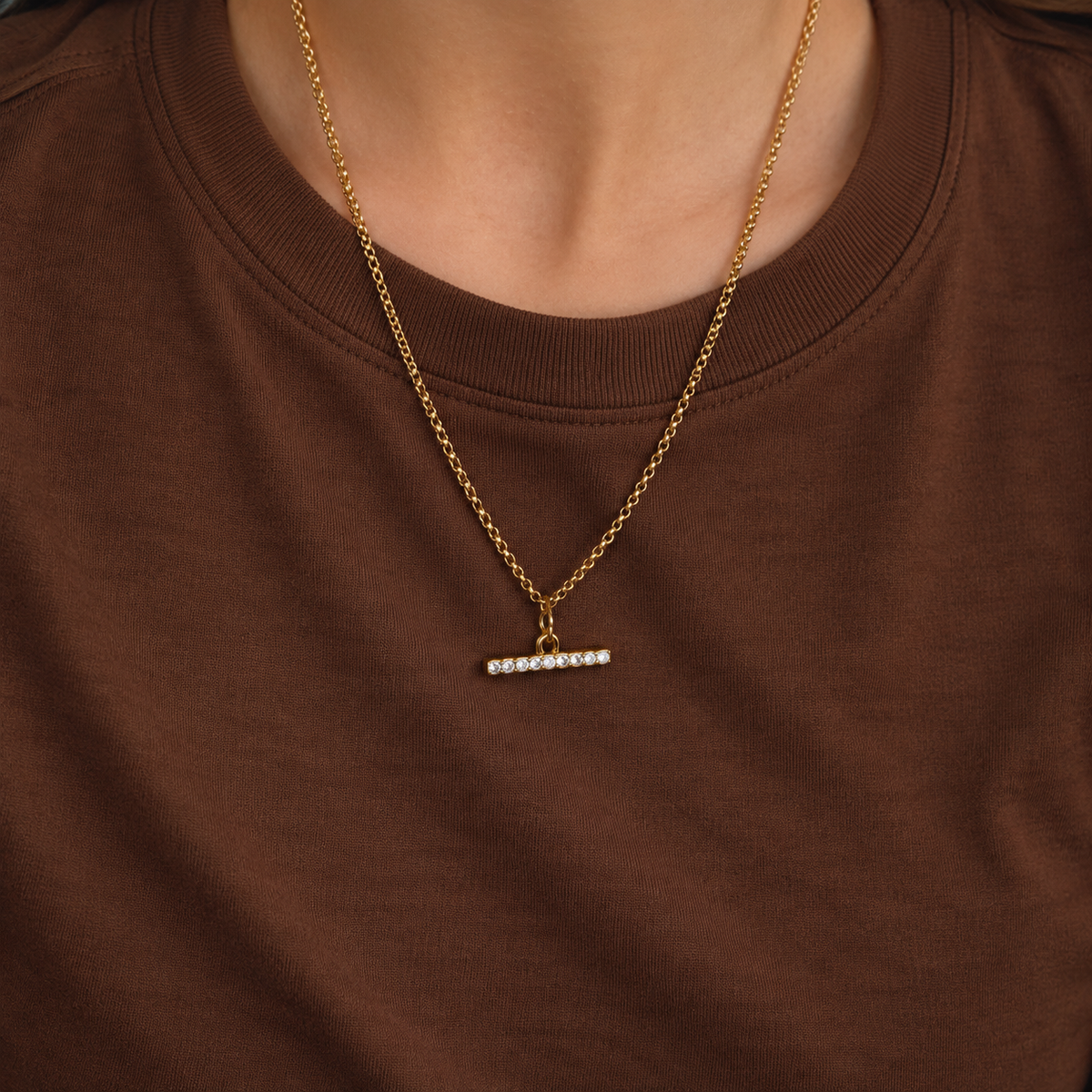 Nora 18K PVD Gold Plated CZ Bar Pendant Chain Necklace