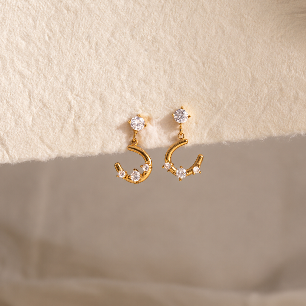 Luna 18K PVD Gold Crescent Moon CZ Drop Earrings