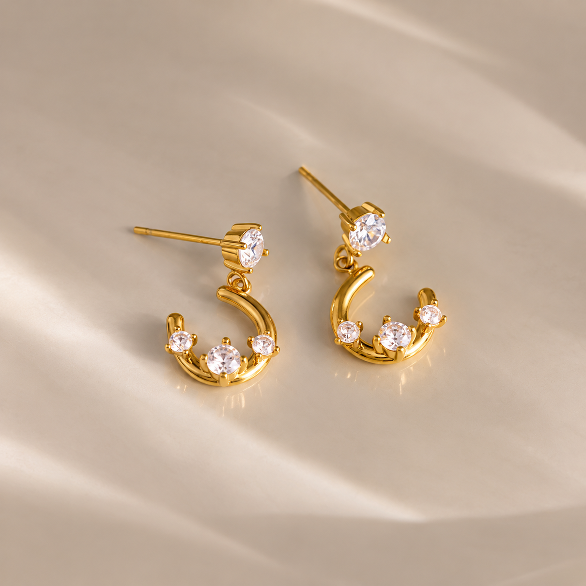 Luna 18K PVD Gold Crescent Moon CZ Drop Earrings