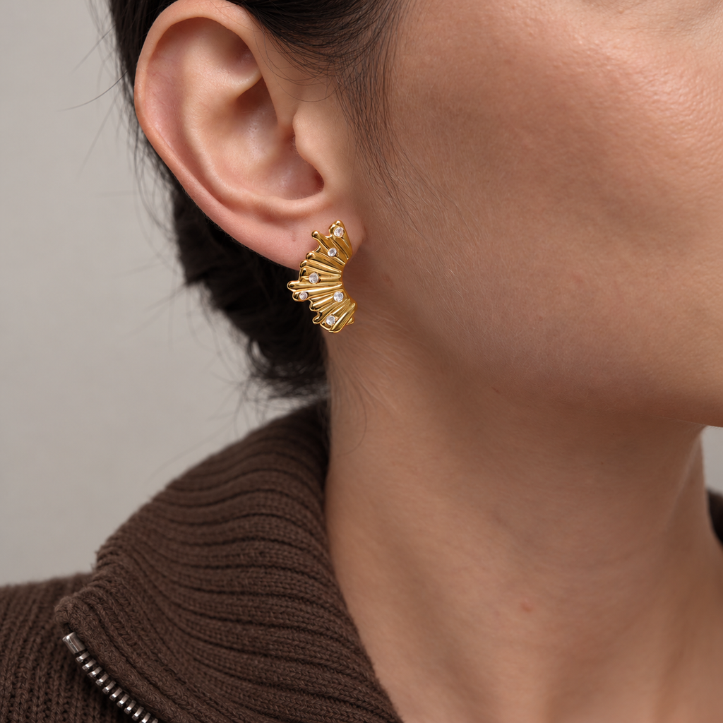 Aurelia 18K PVD Gold Sculpted Ruffle CZ Stud Earrings