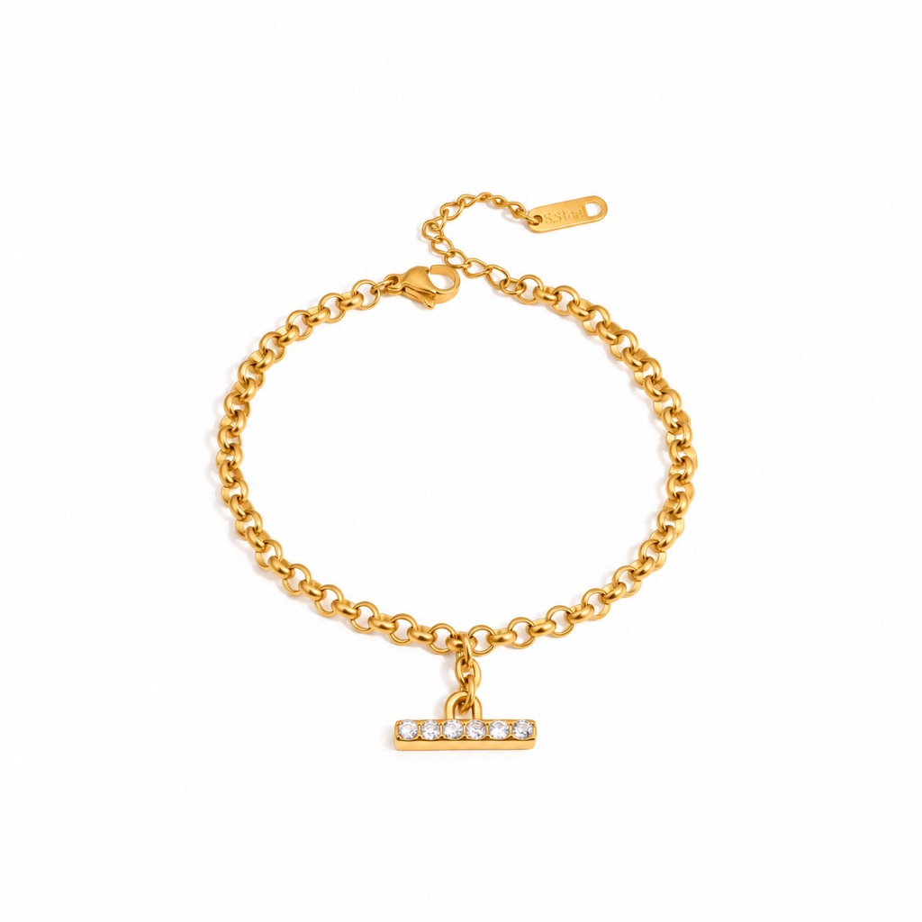 Isabella 18K PVD Gold Plated Oval Link CZ Bar Charm Bracelet