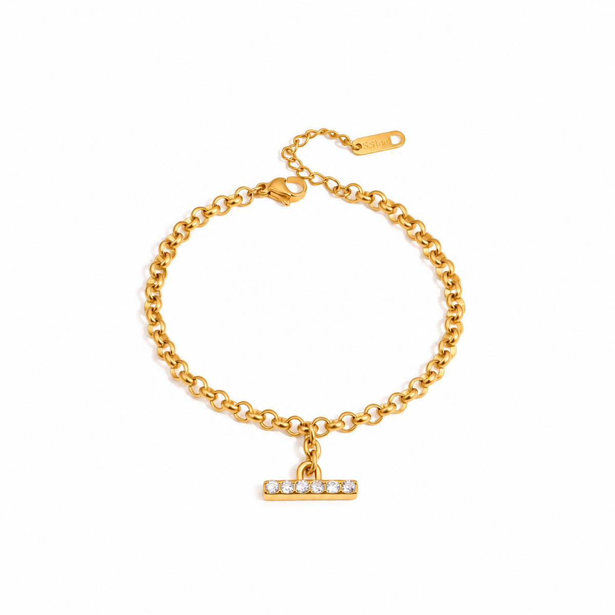 Isabella 18K PVD Gold Plated Oval Link CZ Bar Charm Bracelet