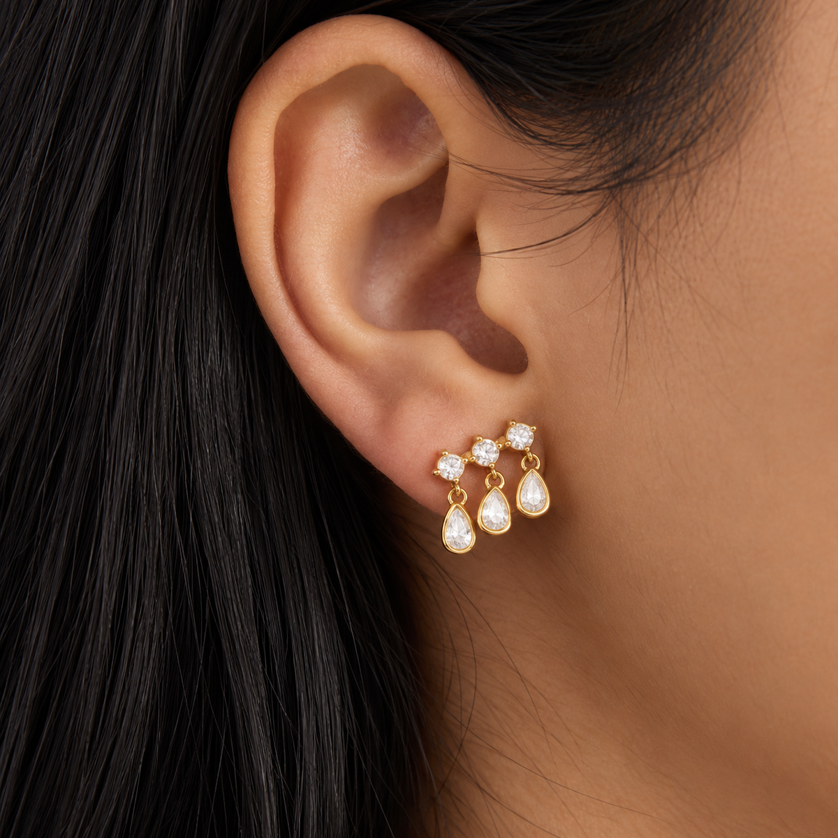 Serena 18K PVD Gold Triple Drop CZ Chandelier Earrings