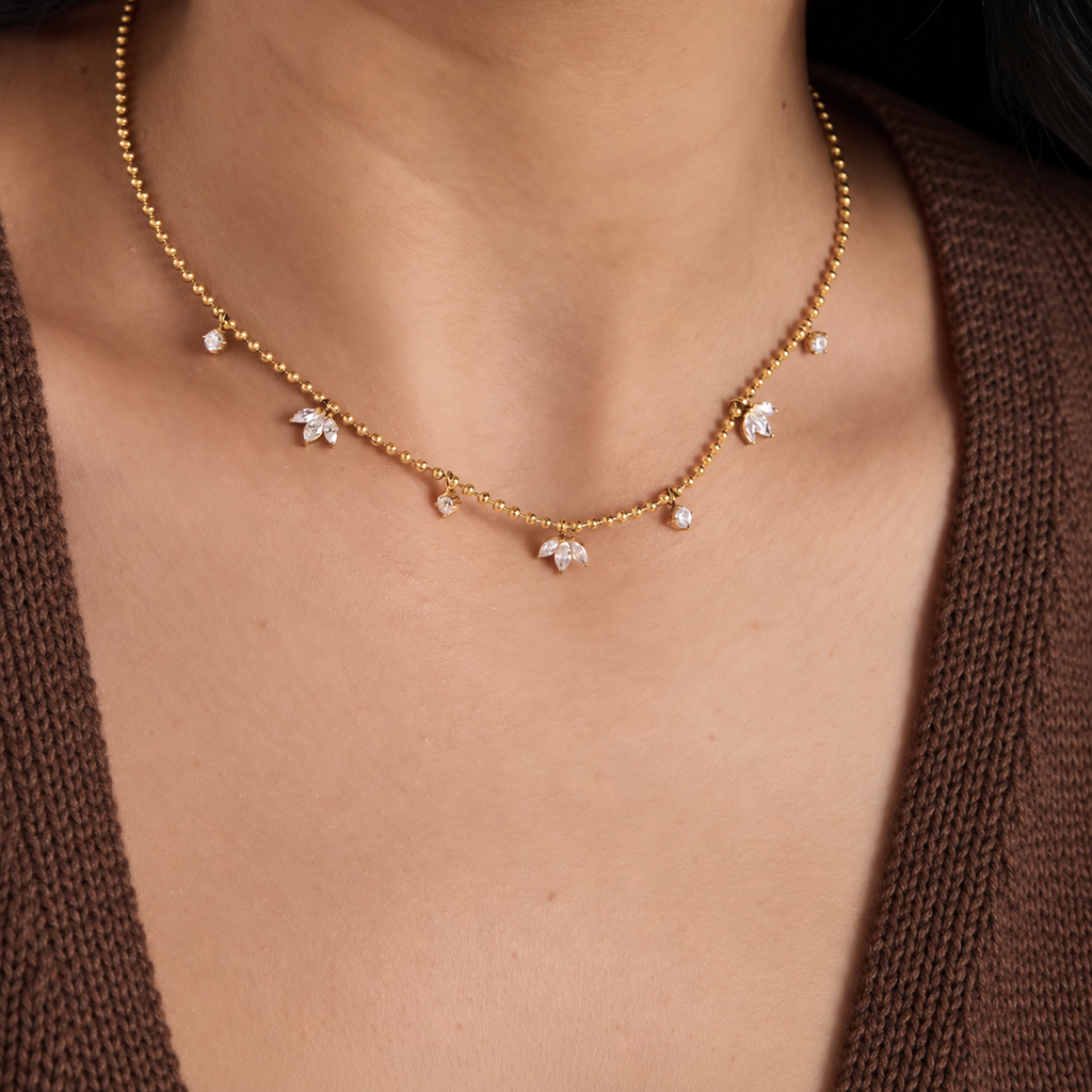 Ariana 18K PVD Gold Plated Beaded CZ Floral Charm Necklace