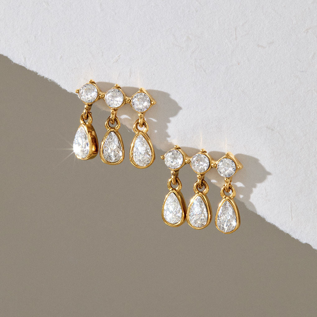 Serena 18K PVD Gold Triple Drop CZ Chandelier Earrings
