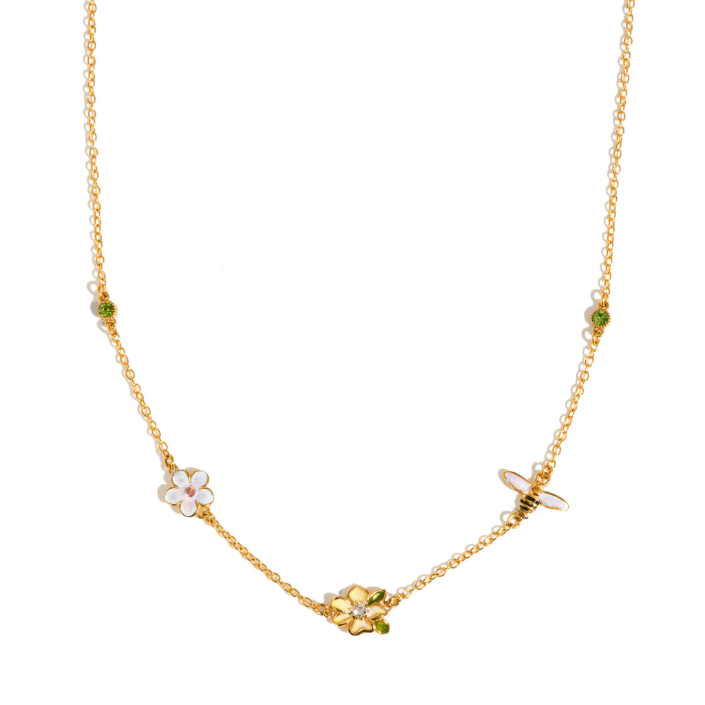 Daisy Floral CZ Necklace with Green Stones